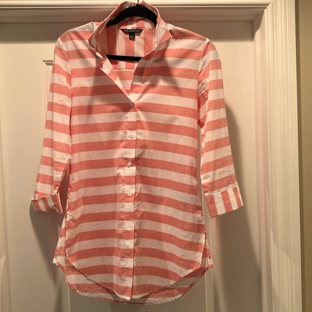 Zac & Rachel button front blouse pink & white striped cotton 3/4 sleeve cotton